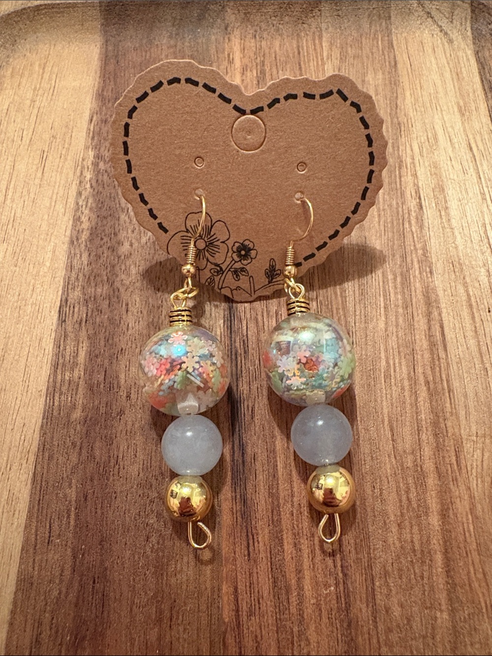 Handmade Gold-tone Floral Confetti Beaded Drop Earrings
